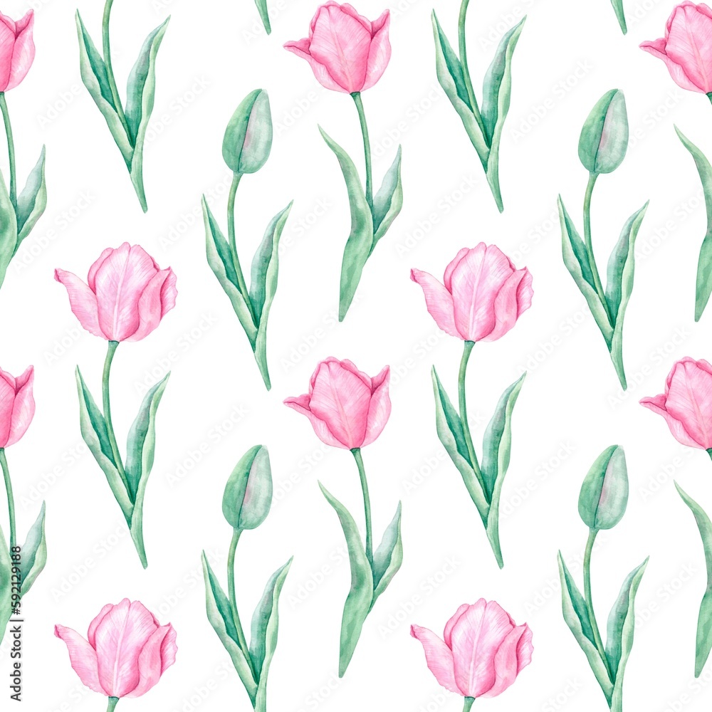 Obraz premium Seamless background with pink tulips green leaves on white background. Hand-drawn watercolor illustration. Delicate spring pattern for fabric, textile, wrapping paper, packaging, cover.