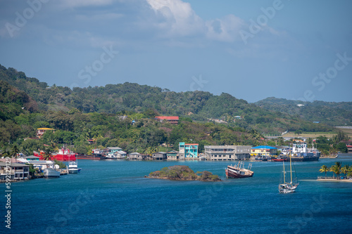 Views of beautiful Honduran town on the shores of Roatan where the cruise port is located.