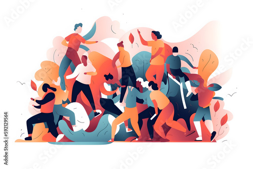 Flat vector illustration Diversity, teams and men working together in sport for support, motivation or purpose outdoors. In fitness, teamwork or successful game prep or...