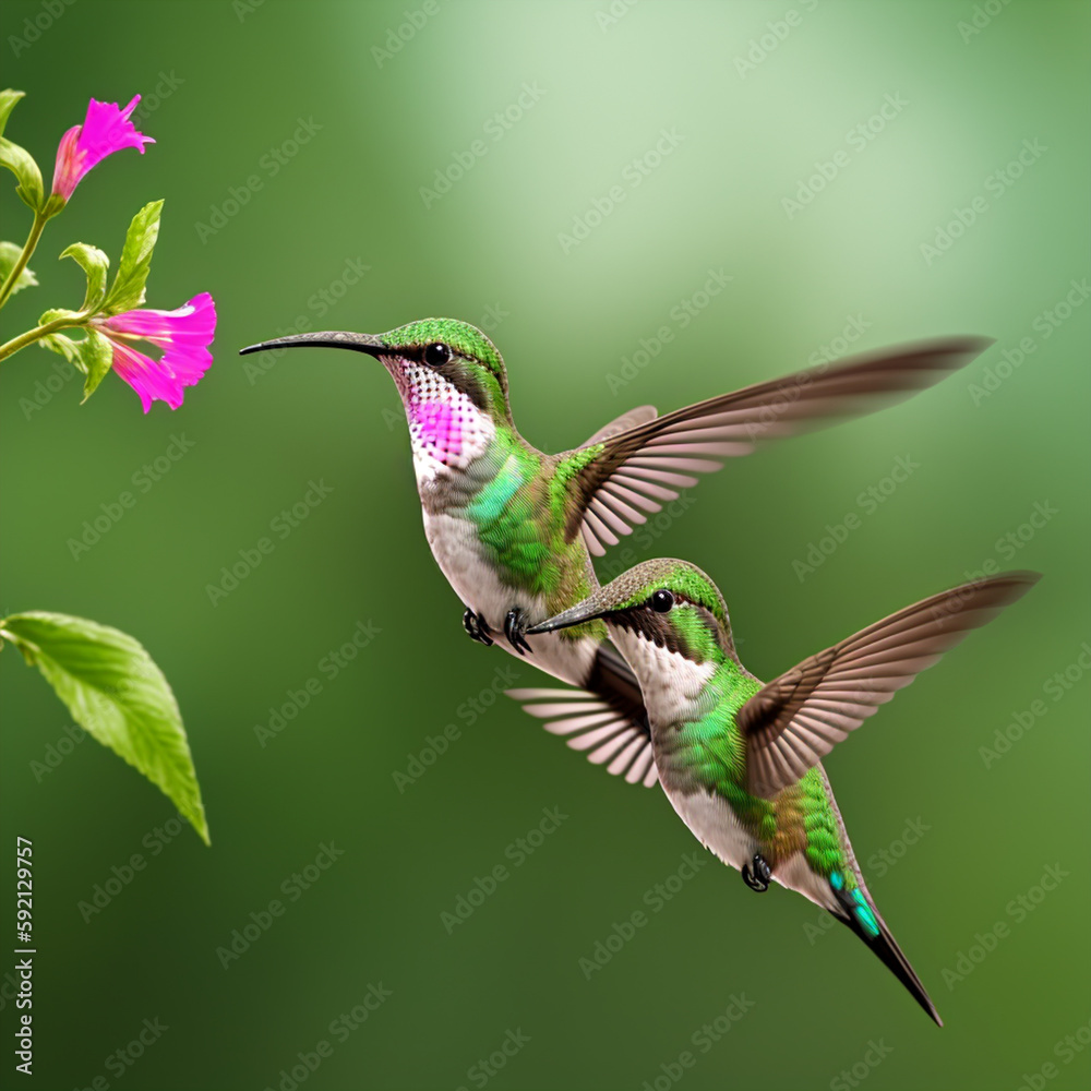 hummingbird flying next to beautiful flower - AI Generated hummingbird flying next to beautiful flower - AI Generated