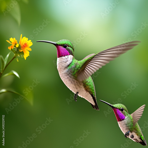 hummingbird flying next to beautiful flower - AI Generated