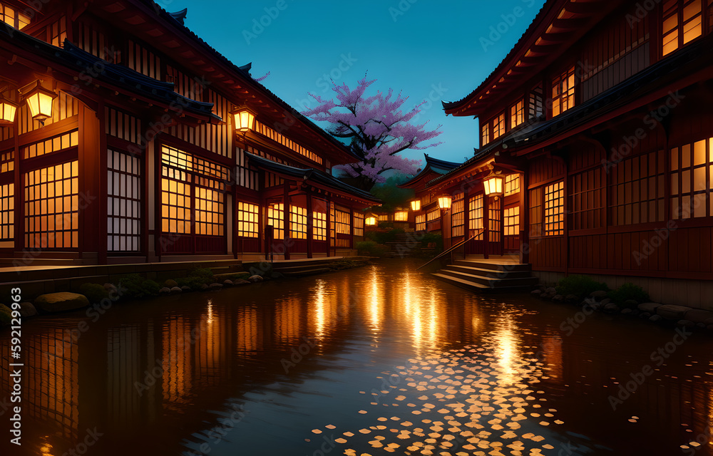 Japanese Print Traditional building street scene art print ink and cg painting - AI Generated