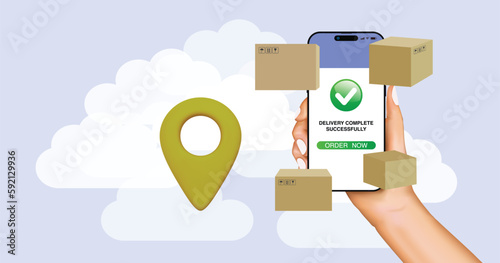 Realistic human hands holding smartphone with an online delivery app concept. Fast respond delivery package shipping on mobile. Online delivery order tracking with map. Vector.
