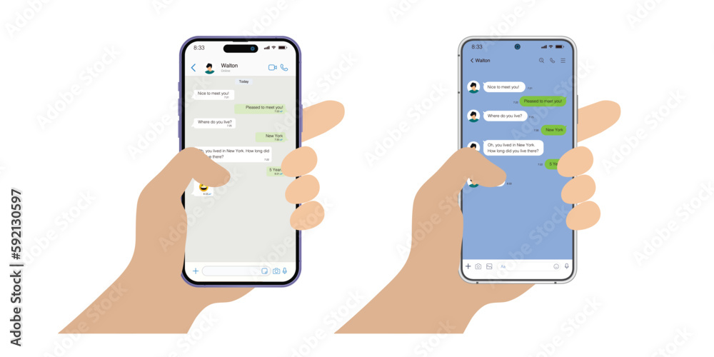 Hand holds the smartphone with messenger application. Flat vector modern phone mock-up illustration. Hand holds the smartphone with messenger application. Flat vector modern phone mock-up illustration.