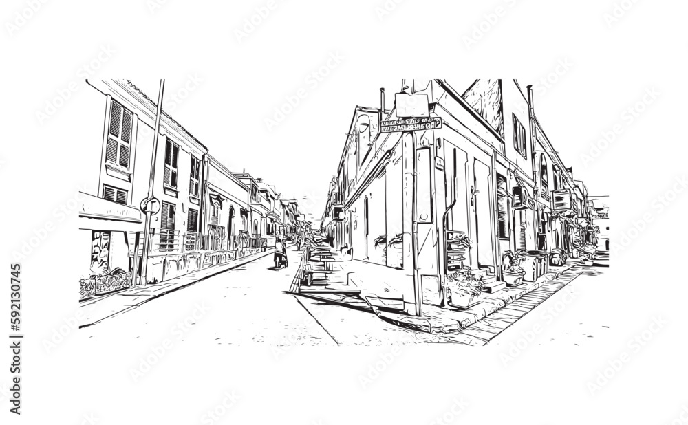 Building view with landmark of Ragusa is the city in Italy. Hand drawn sketch illustration in vector.