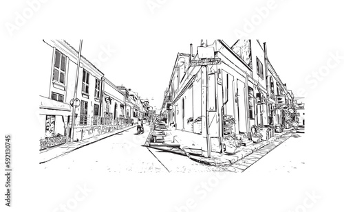Building view with landmark of Ragusa is the city in Italy. Hand drawn sketch illustration in vector.