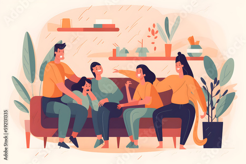 Flat vector illustration Family time is for laughter and fun. Cropped shot of a happy young family playing together on the couch at home.
