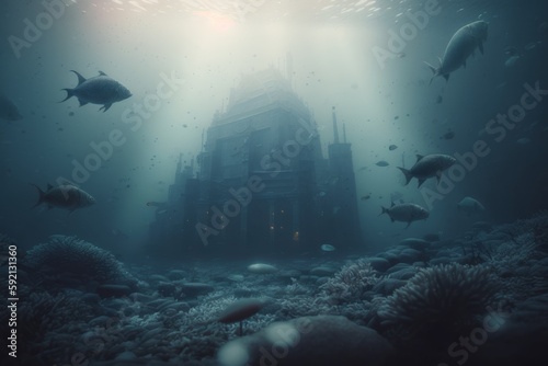 Lost building underwater. Generative AI
