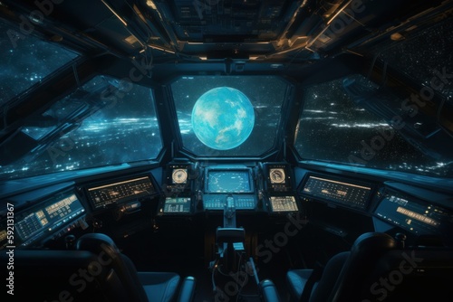 spaceship cockpit, galaxy light-years ahead, beautiful view. Generative AI © Kishore Newton