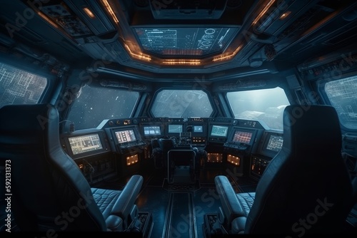 spaceship cockpit, galaxy light-years ahead, beautiful view. Generative AI