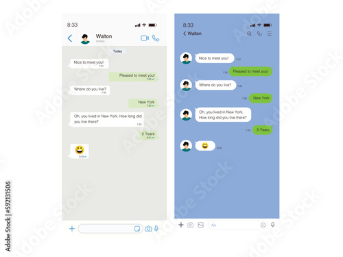 Vector chatting screen in mobile communication illustration. Chat app template. Modern realistic white and black smartphone. Social network concept. Vector.