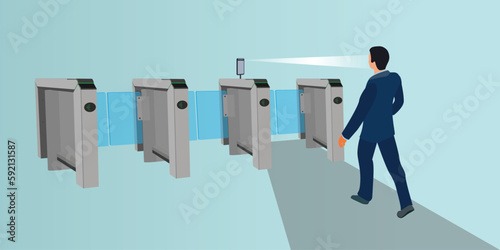 Face Recognition and entrance control gate. Access control facial recognition surveillance system at entrance gate. People getting access to entry into company by face recognition technology. Vector.