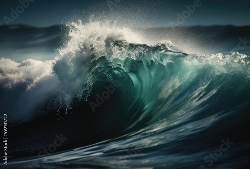 Beautiful deep blue tube wave in the Ocean. Close up sea wave background. Summer holiday concept. Generative Ai