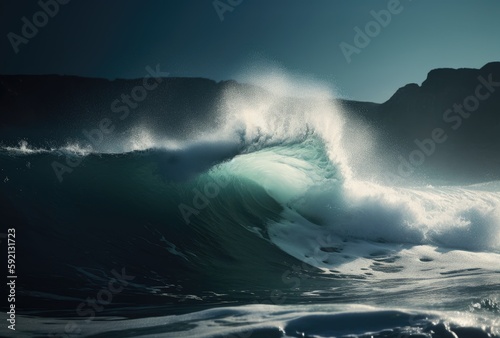 Beautiful deep blue tube wave in the Ocean. Close up sea wave background. Summer holiday concept. Generative Ai