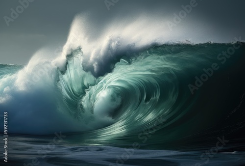 Beautiful deep blue tube wave in the Ocean. Close up sea wave background. Summer holiday concept. Generative Ai © Kowit