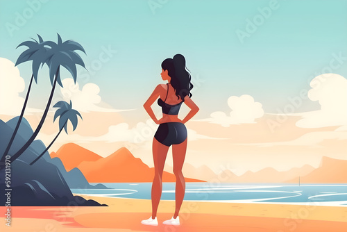 Flat vector illustration Fitness is a state of mind. Portrait of a young woman in sportswear standing on the beach.