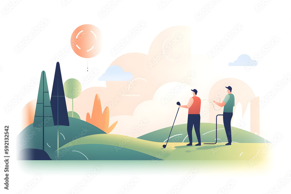 Flat vector illustration Golf lessons, gym lessons, and coaching hands help a person swing and hit a golf ball outdoors. Player-ready lens flares, greens and club support... Flat vector illustration Golf lessons, gym lessons, and coaching hands help a person swing and hit a golf ball outdoors. Player-ready lens flares, greens and club support...