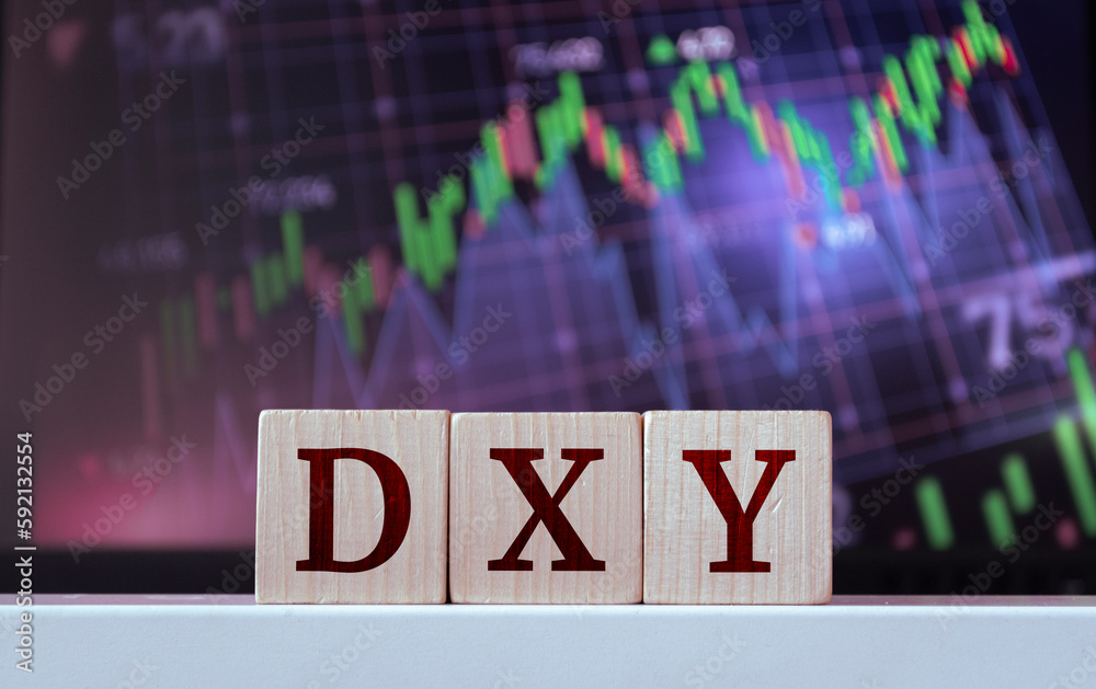 Fototapeta premium DXY - acronym from wooden blocks with letters. The rise and fall of the dollar currency index, Financial market concept