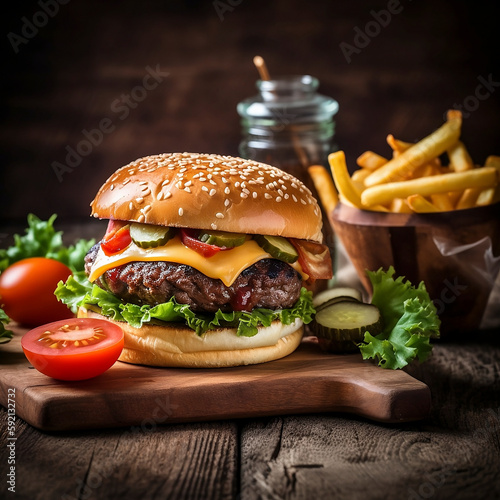 Delicious burger   fries  cheese  on wooden background - ai