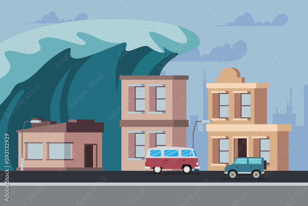 Tsunami flooded city street with cars and buildings in danger 2d vector illustration concept for banner, website, illustration, landing page, flyer, etc. Tsunami flooded city street with cars and buildings in danger 2d vector illustration concept for banner, website, illustration, landing page, flyer, etc.