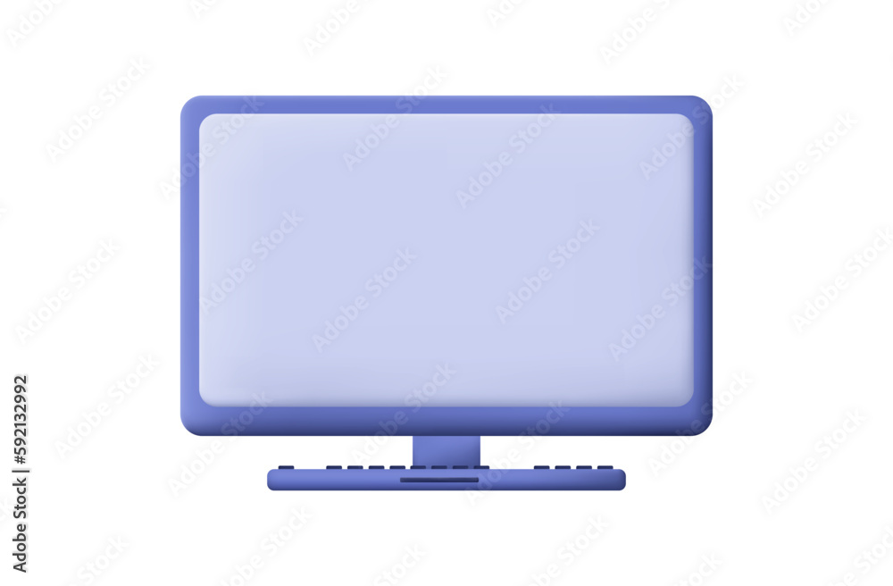 Computer screen icon 3d. Monitor with keyboard, modern equipment. Desktop, open browser. PC, a technological device for transmitting digital data on the Internet, a new gadget, a display. Vector 3d.
