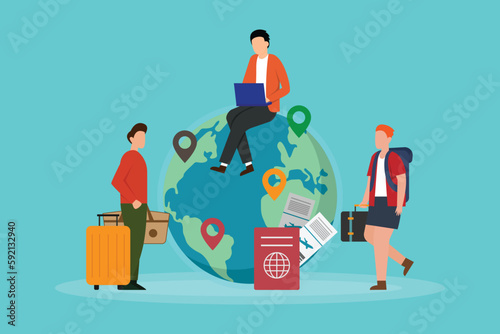 Global tourism - People with briefcase, passport and world map 2d vector illustration concept for banner, website, illustration, landing page, flyer, etc.