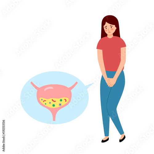 Woman with bladder infection disease in flat design on white background.