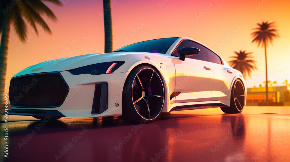 stock photo of a white sports car parked in front of palm trees, 3D rendering, polygon trends, beautiful rim lighting, medium closeup, at sunset, rim lights and caustics. Generative Ai