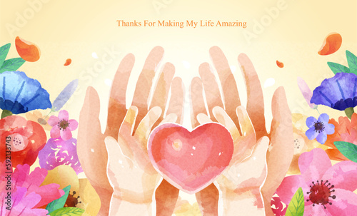 Hands of mom and kid holding heart