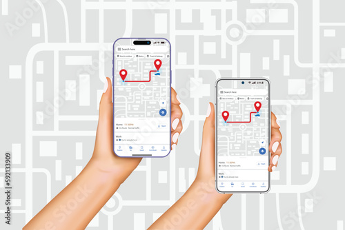 Hand holding smart phone with GPS navigation, Smartphone map application and red pinpoint on screen, App search map navigation, navigation idea for GPS application. Vector.