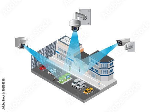 Isometric city security system concept with CCTV and IP cameras for monitoring and surveillance on road and car park isolated vector illustration.
