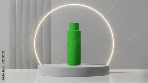 Cosmetic Product Bottle Placement On A White Circle Stand With A Illuminated Semicircle In The Background, Green Recepient, Slow Movement, 3D Render photo