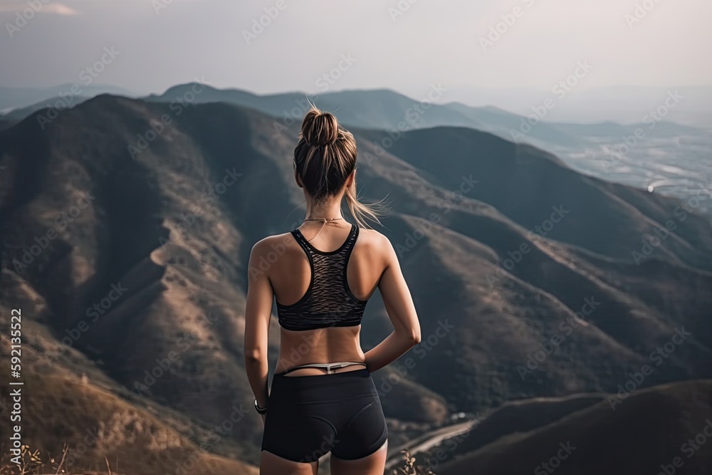 Fototapeta premium view from behind fitness girl standing on top of the mountain. woman in sportswear standing on the mountain. Generative Ai.