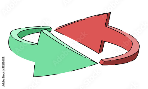 Dwie zakręcające strzałki. Unikalne ikony wskazujące kierunek w kolorze zielonym i czerwonym.
