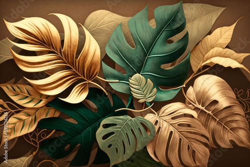 Wallpaper Mural Vintage tropical green brown leaves, beige background, golden texture. Luxury mural, premium wallpaper. 3d painting illustration, watercolor design. Seamless border. Stylish cloth, paper, packaging Torontodigital.ca