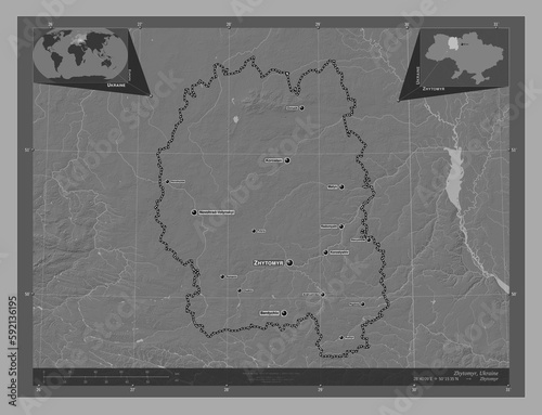 Zhytomyr, Ukraine. Bilevel. Labelled points of cities photo