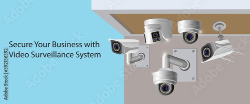 Network speed dome camera and fixed turret network camera. Ceiling mounts security IP cameras and surveillance system. Low light camera. Vector 3d illustration.