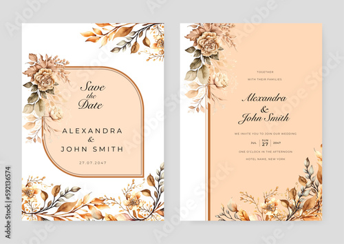 Nude rose flower floral vector watercolor colorful wedding invitation card template set with golden floral decoration