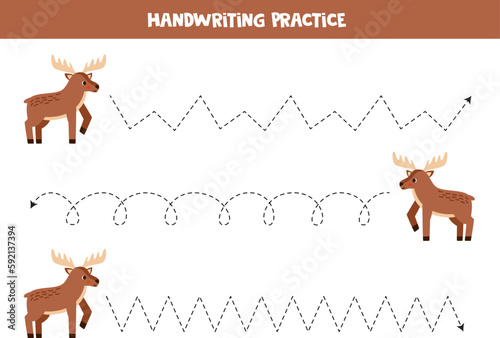 Tracing lines for kids. Cartoon cute elk or moose. photo