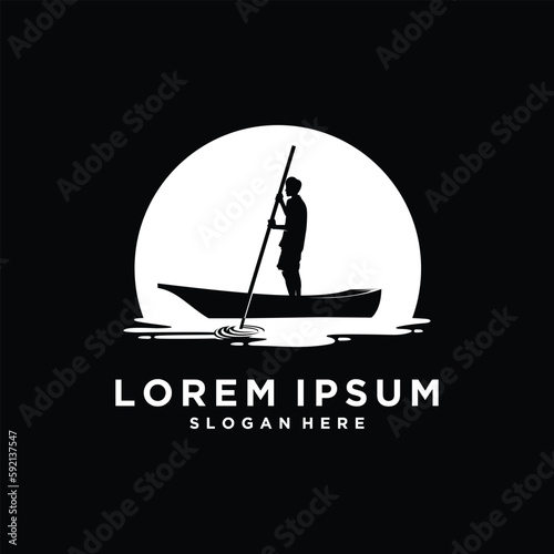 man with canoe silhouette logo design isolated on black background