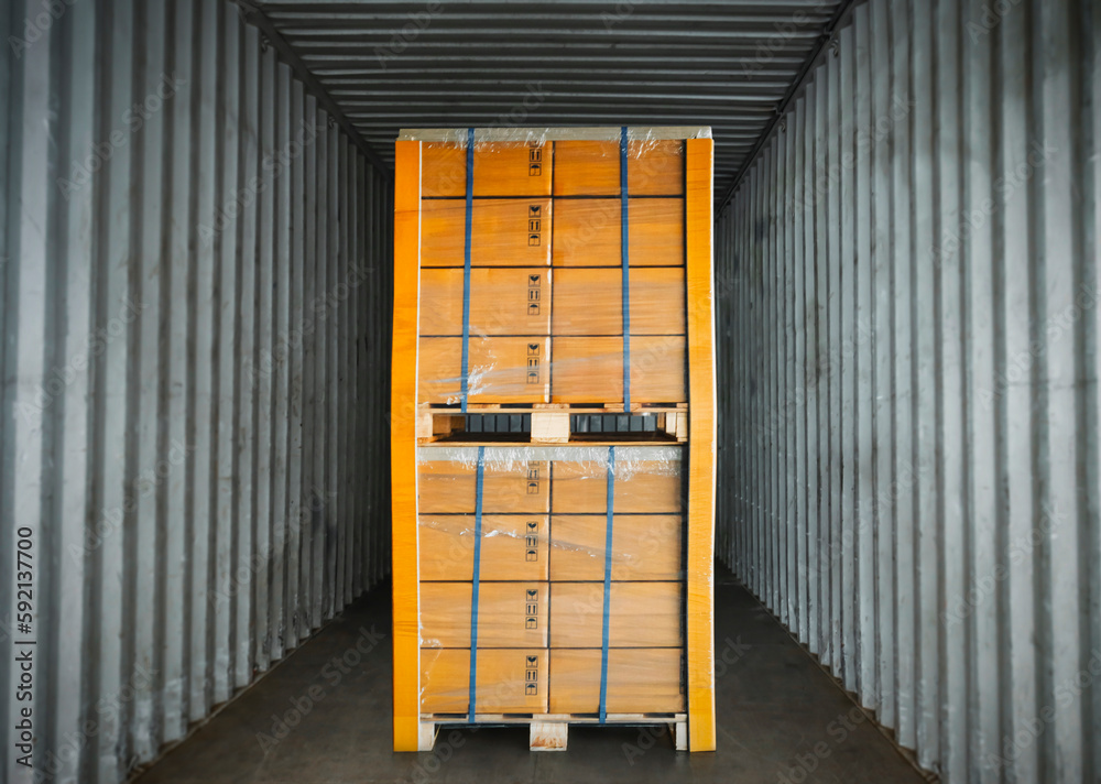 Package Boxes Wrapped Plastic Stacked on Pallets Loading into Cargo Container. Trucks Loading Dock Warehouse. Shipping Supply Chain Shipment. Freight Truck Logistics Cargo Transport