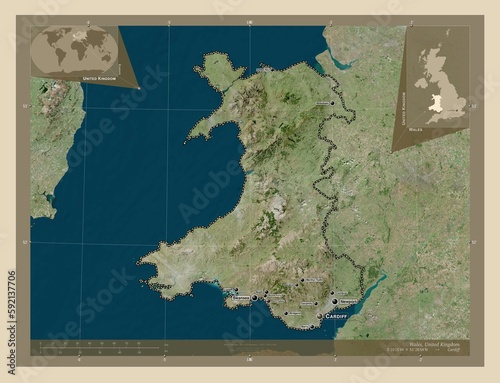 Wales, United Kingdom. High-res satellite. Labelled points of cities photo