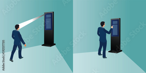 Interactive information kiosk concept with a man using a self-service electronic terminal with touch screen. Visitor management system with facial recognition, kiosk self-registration system, Vector.