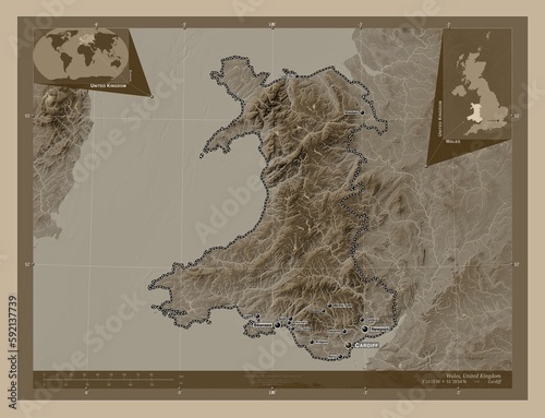 Wales, United Kingdom. Sepia. Labelled points of cities photo