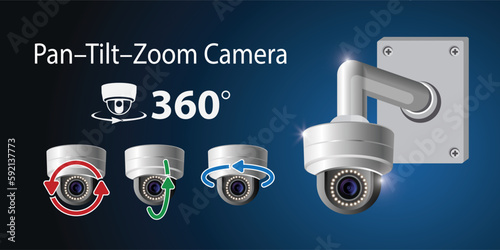Pan Tilt Zoom Security Camera. Metal CCTV surveillance system. Realistic CCTV IP camera home template for security systems. Vector 3d realistic illustration.