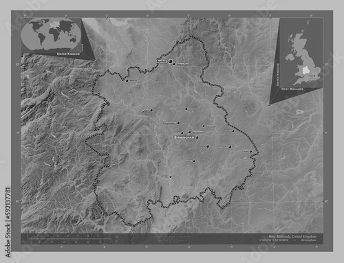 West Midlands, United Kingdom. Grayscale. Labelled points of cities photo