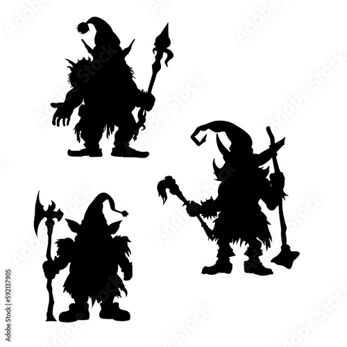 Black silhouette of a fantasy dwarf. A black and white icon of a forest fairy. Flat logo of a gnome isolated on white background.