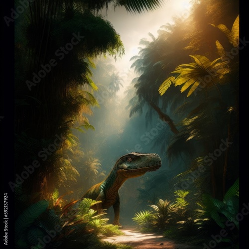 tropical island with dinosaur, Generative AI