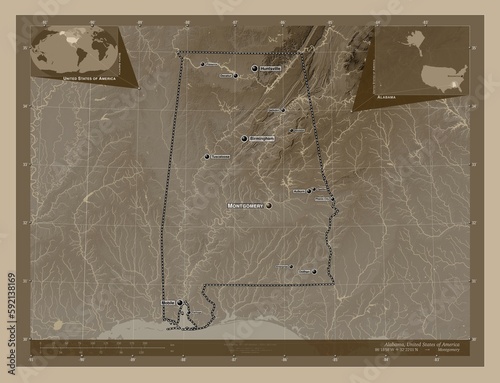 Alabama, United States of America. Sepia. Labelled points of cities photo