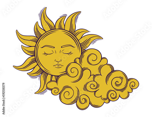 Tarot esoteric sun behind cloud. Tarot sun with face and closed eyes. Vector illustration isolated on white backround